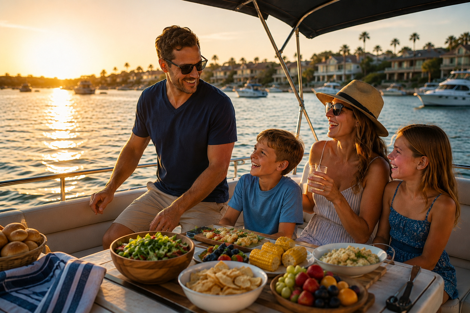 Family dinner on a boat at sunset